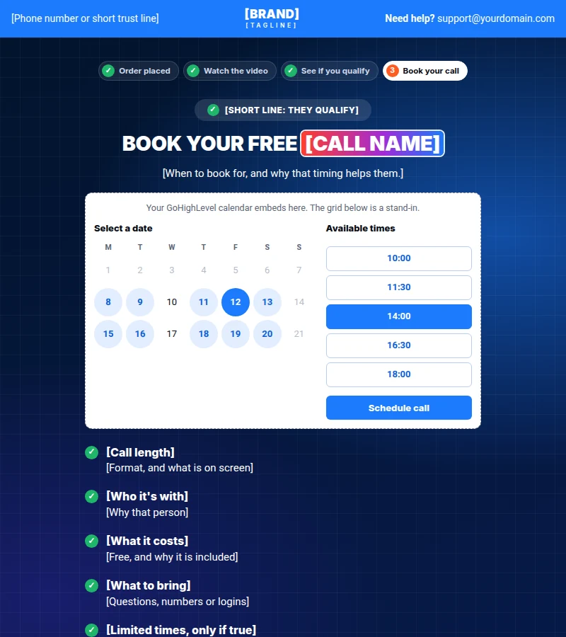 Book a call from the supplied funnel template