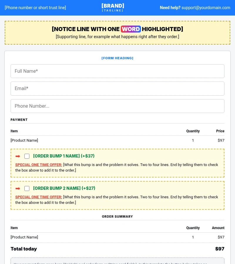 Order page from the supplied funnel template